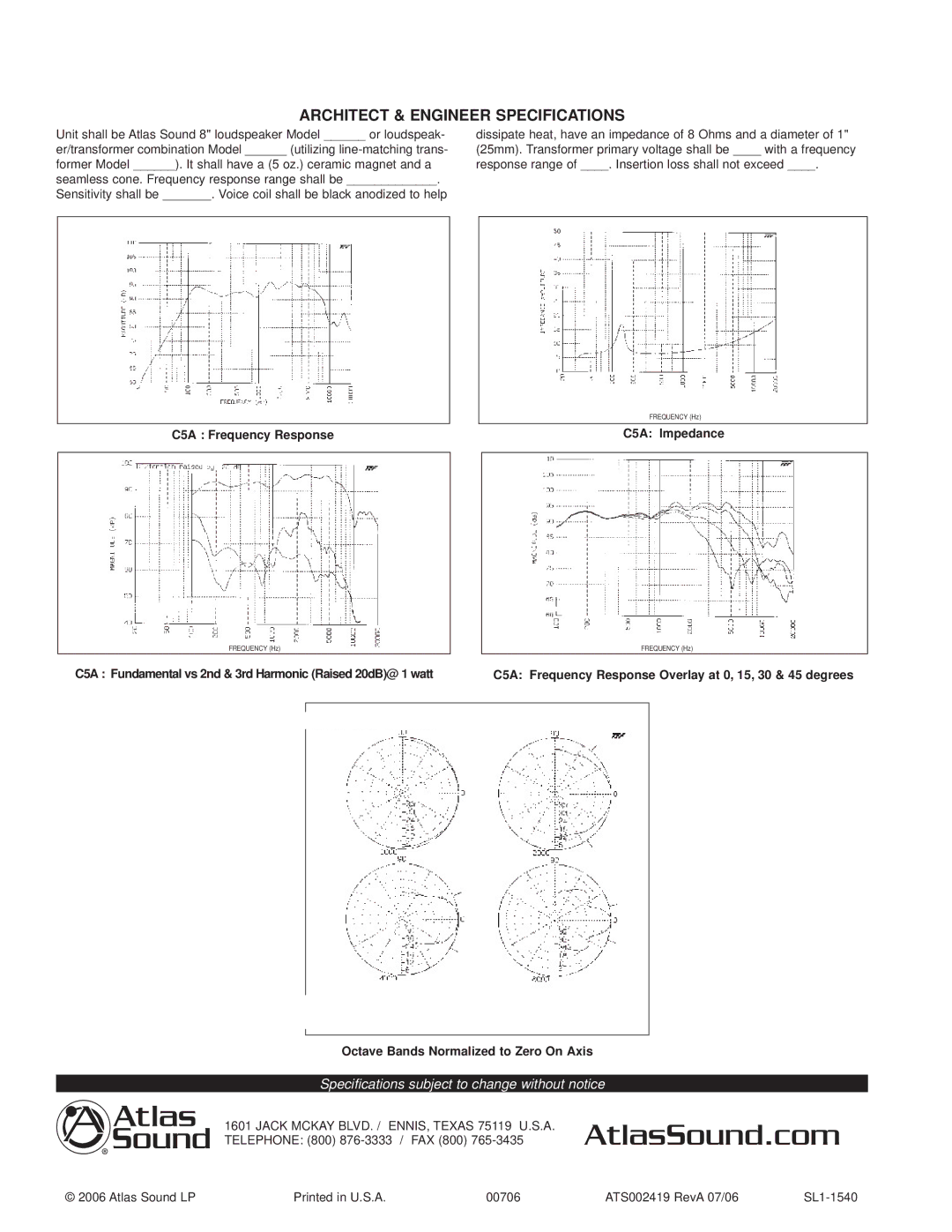 Atlas Sound C5AT70, C5AT72, C5AT25 specifications Architect & Engineer Specifications 