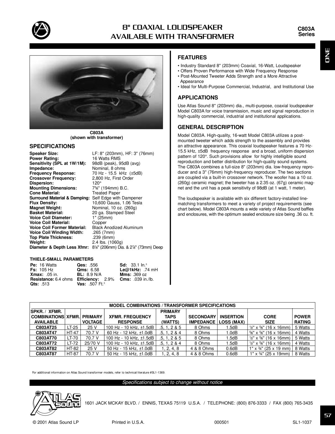 Atlas Sound C803A specifications Specifications, Features, Applications, General Description 