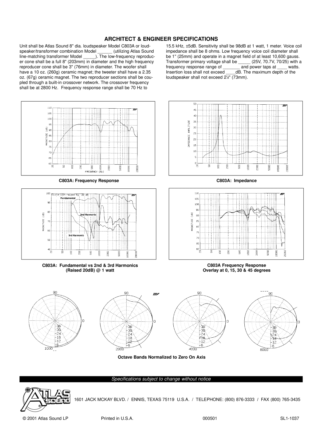 Atlas Sound specifications Architect & Engineer Specifications, C803A Frequency Response C803A Impedance 