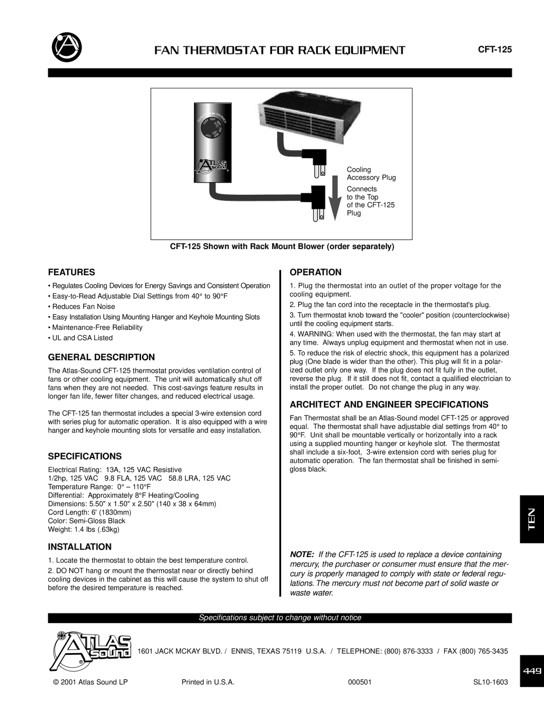 Atlas Sound CFT-125 specifications FAN Thermostat for Rack Equipment, Ten 