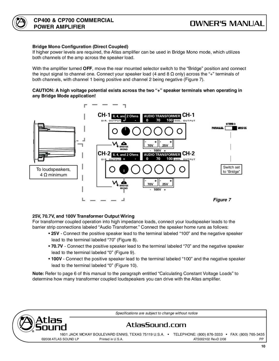 Atlas Sound CP400 user service Bridge Mono Configuration Direct Coupled, 25V, 70.7V, and 100V Transformer Output Wiring 