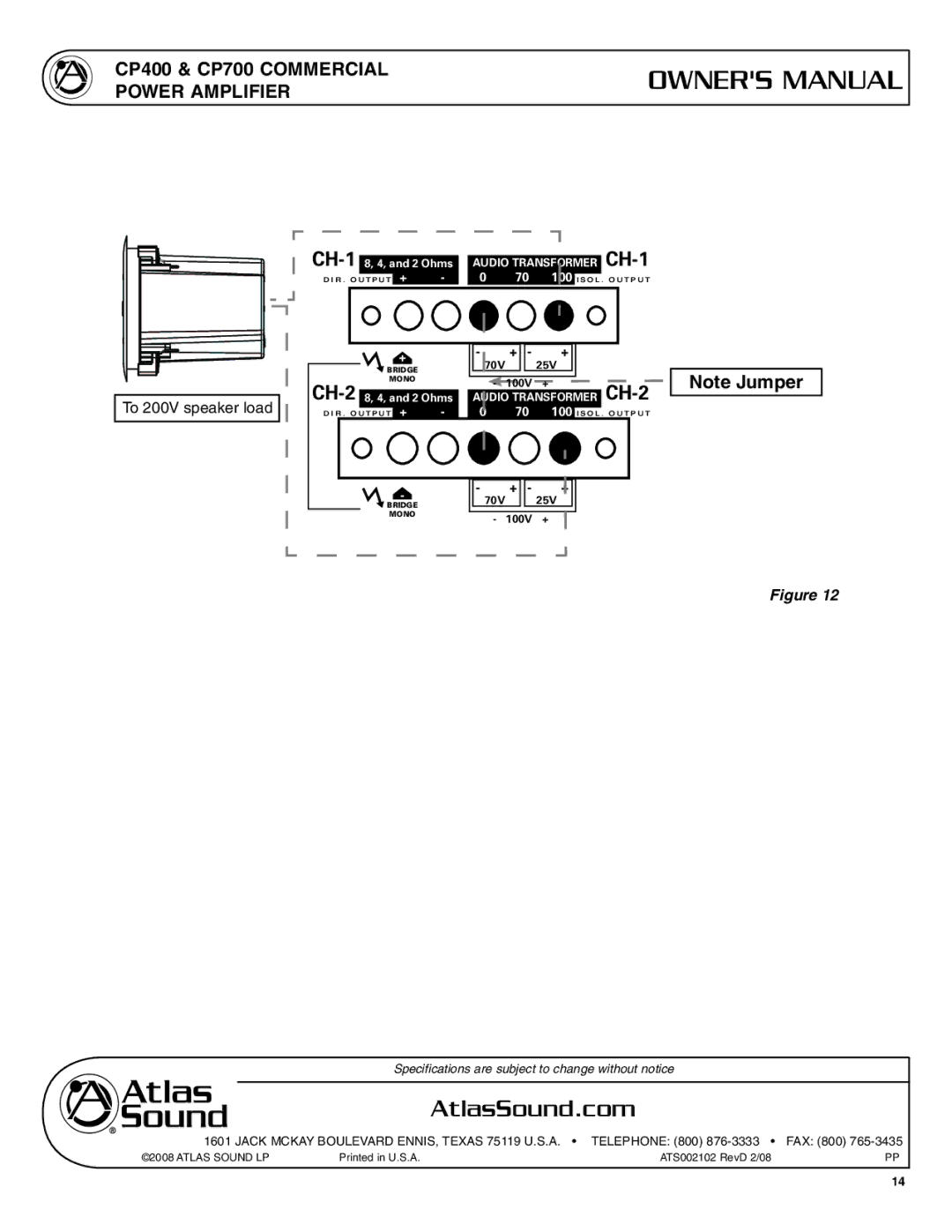 Atlas Sound CP400 user service To 200V speaker load 