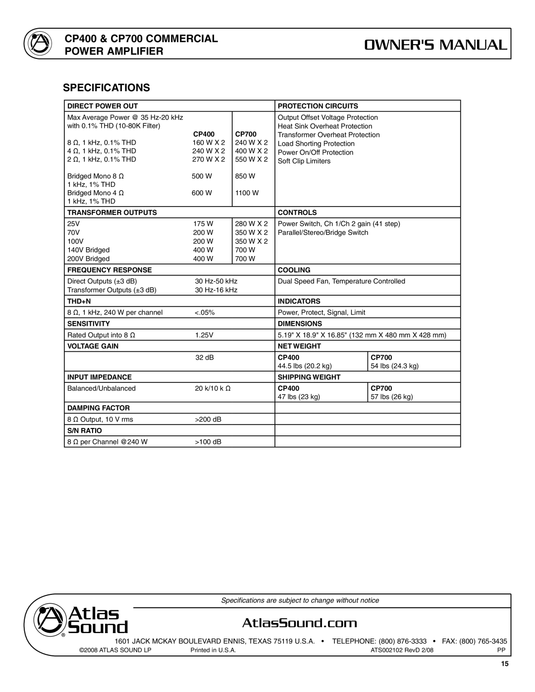 Atlas Sound user service CP400 & CP700 Commercial Power Amplifier Specifications, Direct Power Out Protection Circuits 