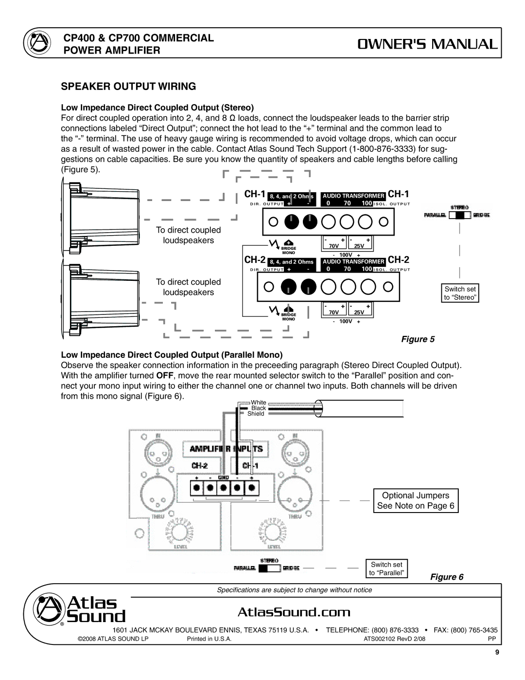 Atlas Sound CP400 user service Speaker Output Wiring, Low Impedance Direct Coupled Output Stereo 