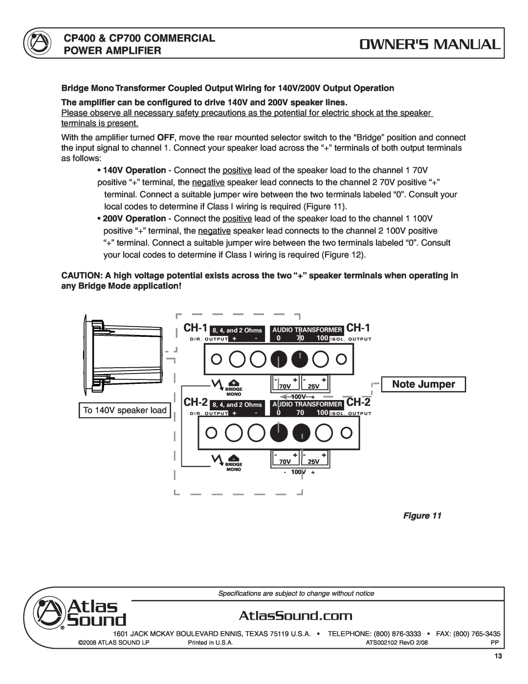 Atlas Sound user service Note Jumper, CP400 & CP700 COMMERCIAL POWER AMPLIFIER, CH-2 