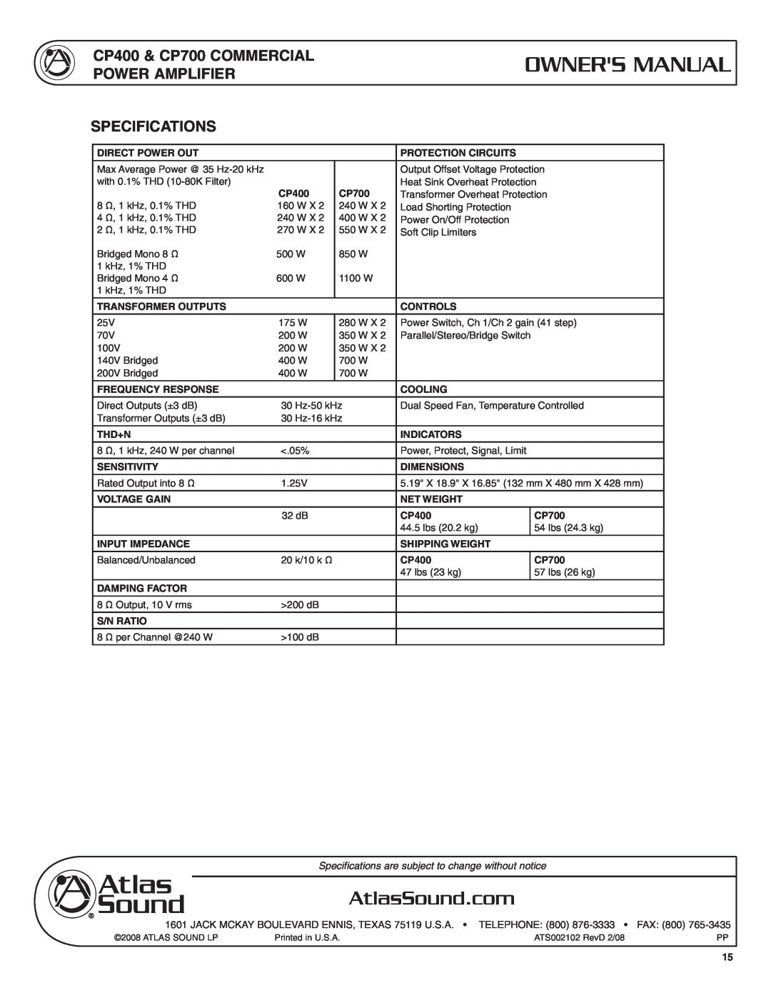 Atlas Sound user service Specifications, CP400 & CP700 COMMERCIAL POWER AMPLIFIER 