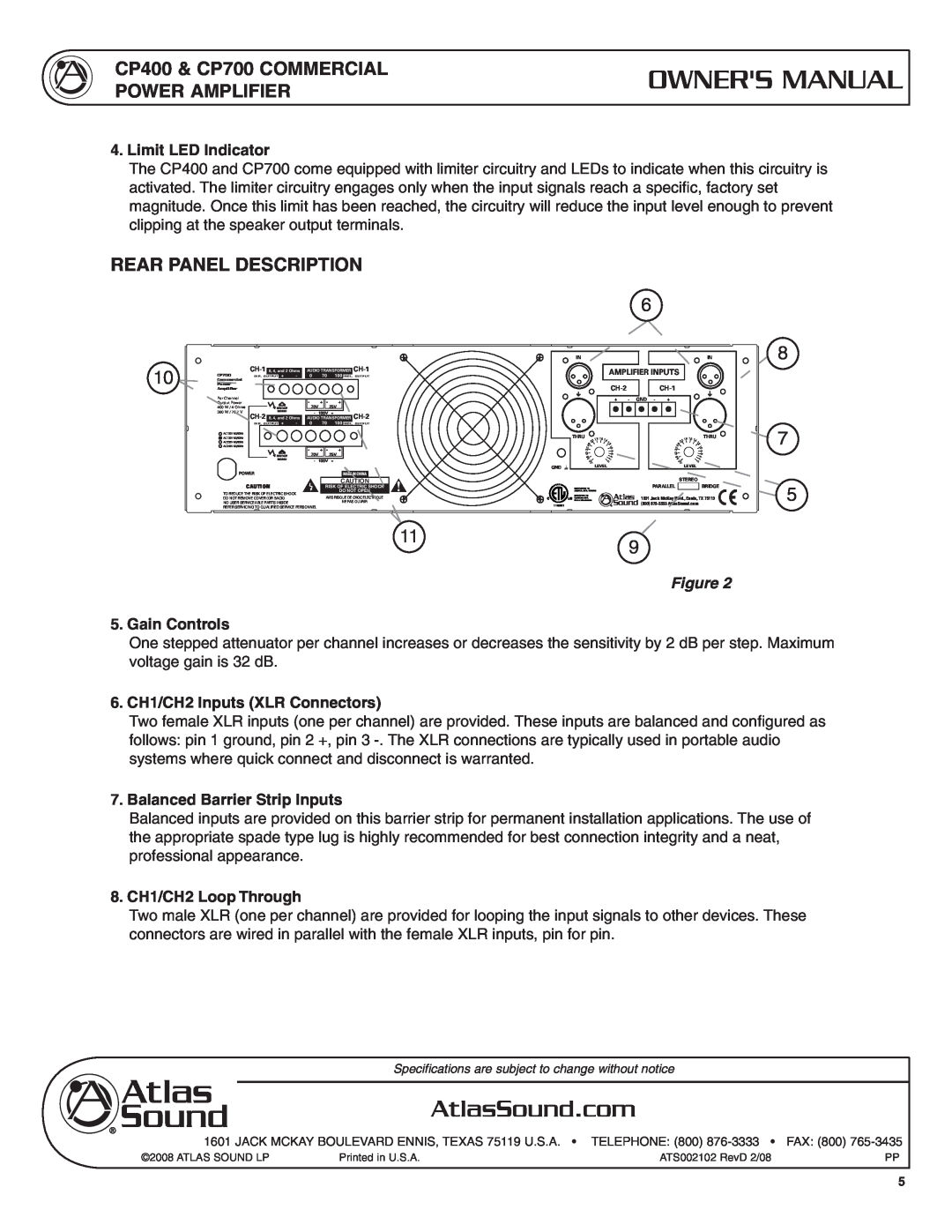 Atlas Sound CP400 rear Panel Description, Limit LED Indicator, Gain Controls, 6. CH1/CH2 Inputs XLR Connectors, Telephone 