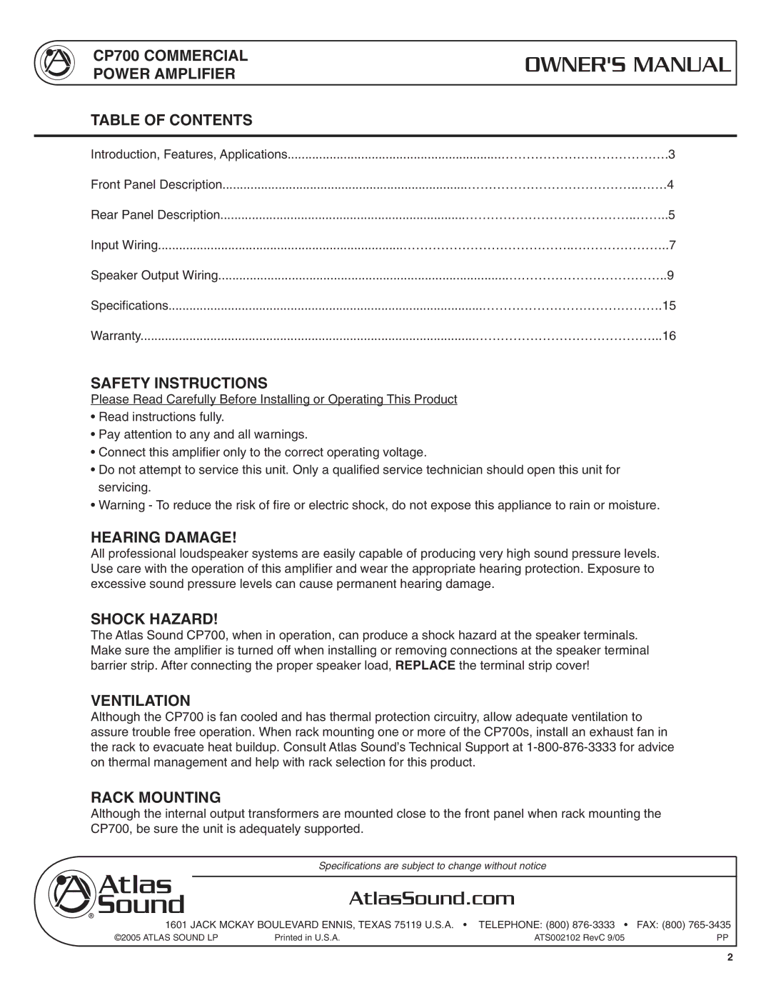 Atlas Sound CP700 Commercial Power Amplifier Table of Contents, Safety Instructions, Hearing Damage, Shock Hazard 