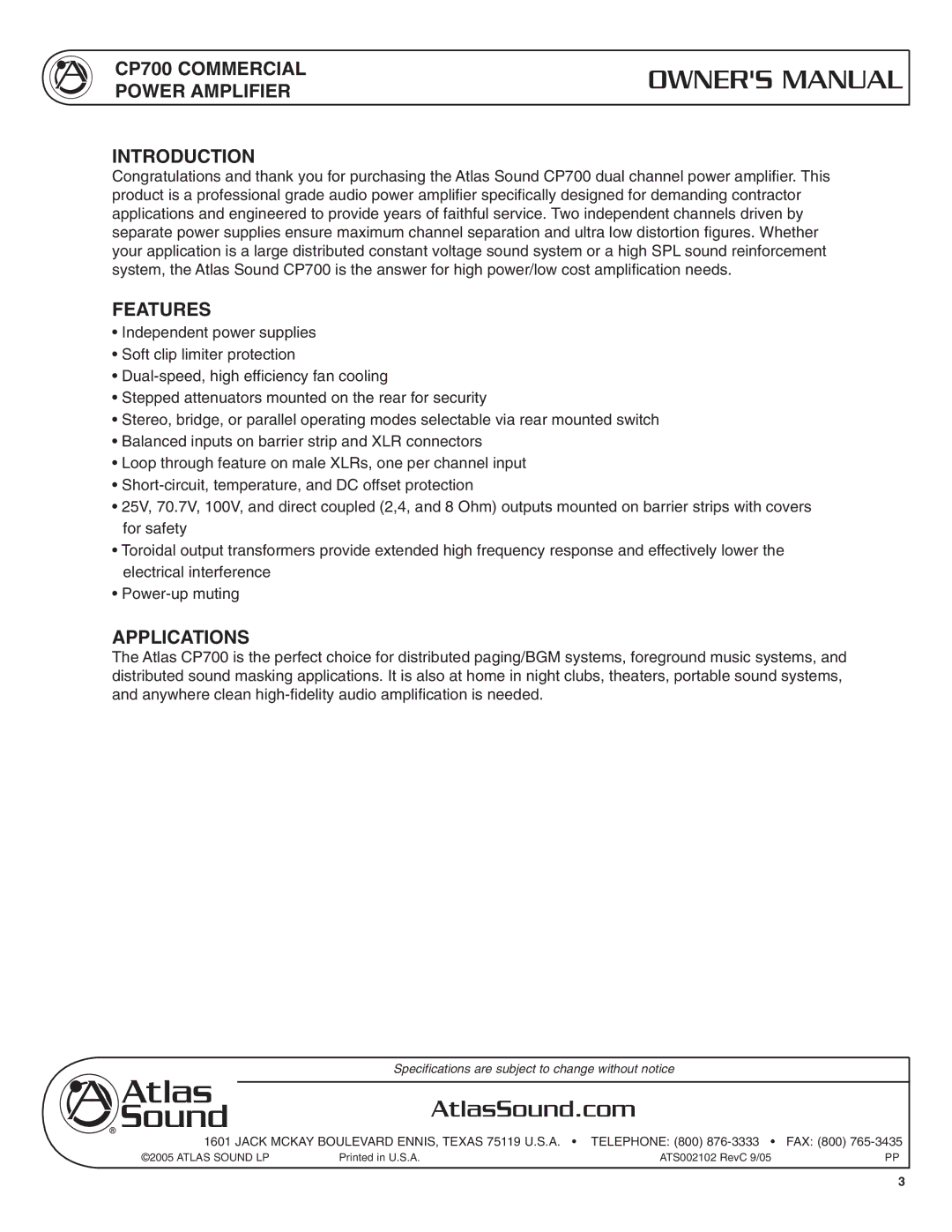 Atlas Sound specifications CP700 Commercial Power Amplifier Introduction, Features, Applications 