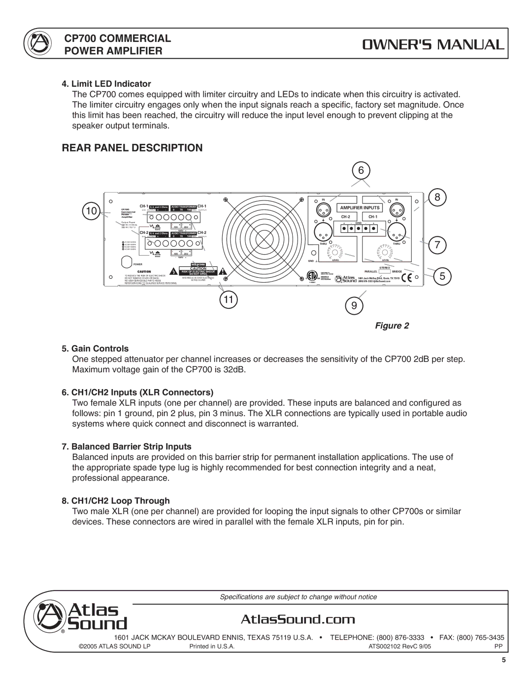 Atlas Sound CP700 specifications Rear Panel Description 