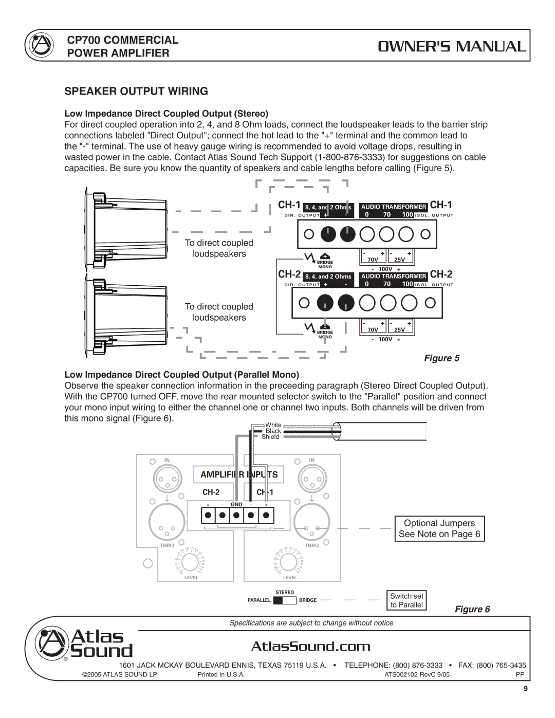 Atlas Sound CP700 Commercial Power Amplifier Speaker Output Wiring, Low Impedance Direct Coupled Output Stereo 