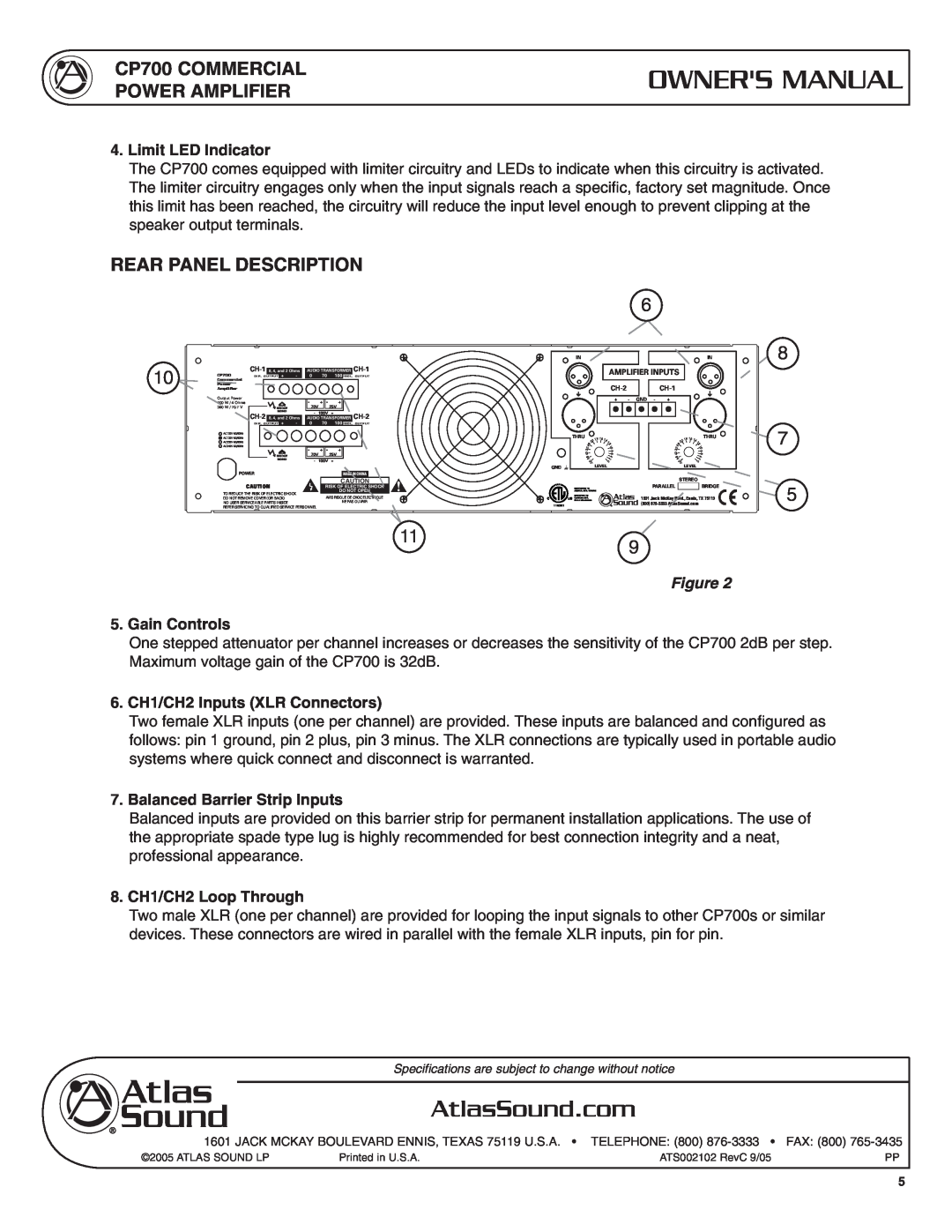 Atlas Sound CP700 Rear Panel Description, Limit LED Indicator, Gain Controls, 6. CH1/CH2 Inputs XLR Connectors 