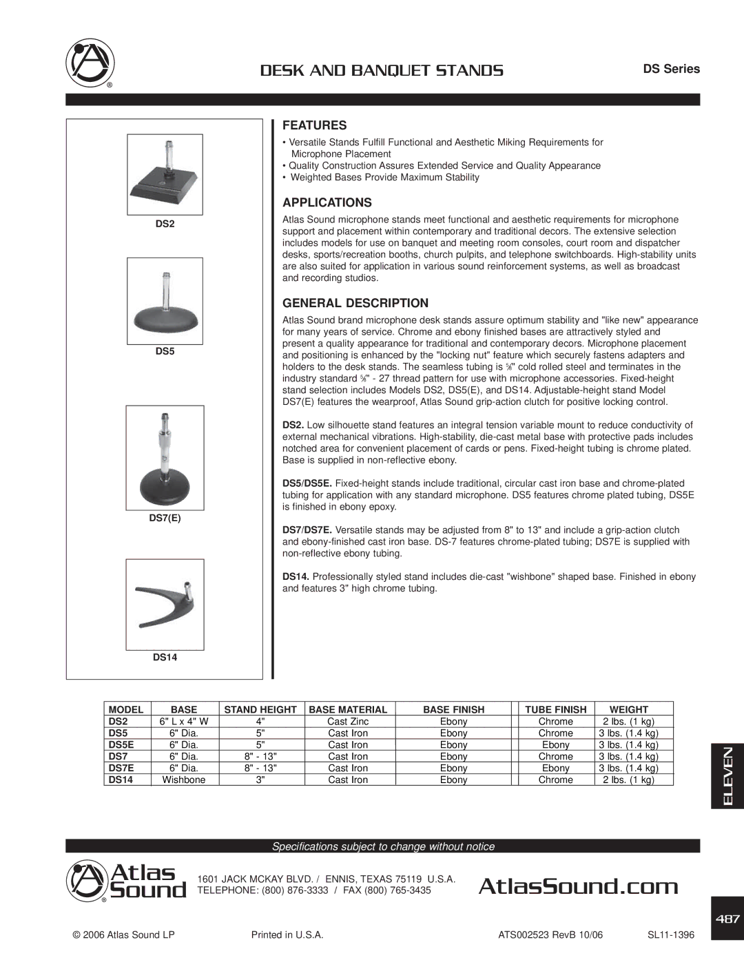 Atlas Sound DS Series specifications Desk and Banquet Stands, Features, Applications, General Description 