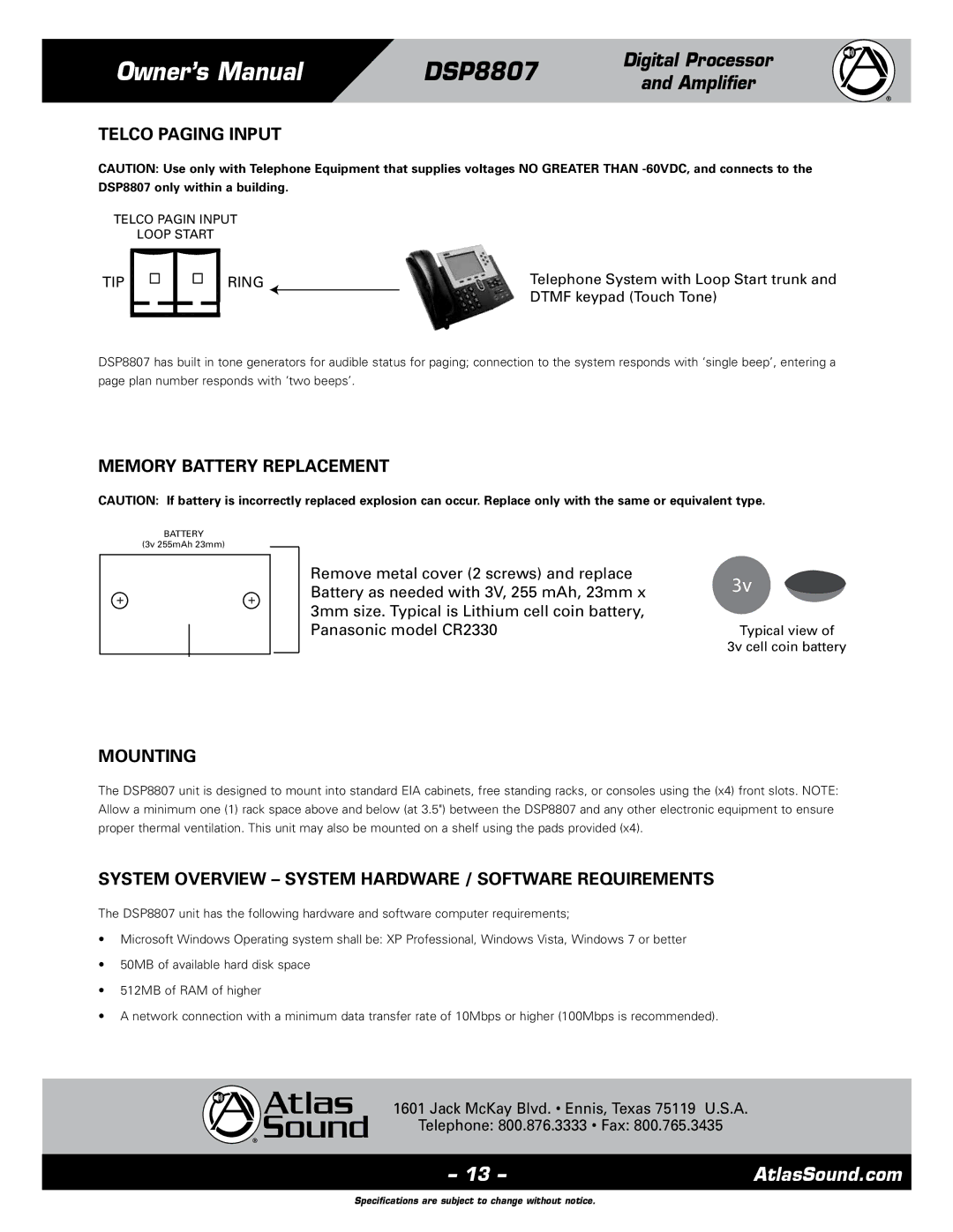 Atlas Sound DSP8807 specifications Telco Paging Input, Memory Battery Replacement, Mounting, Telco Pagin Input Loop Start 