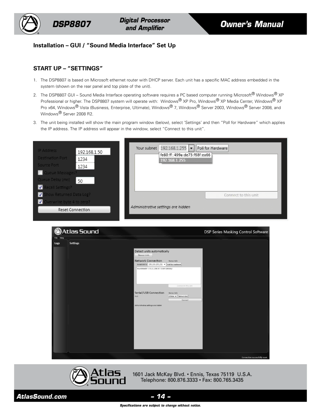 Atlas Sound DSP8807 specifications Start UP Settings 