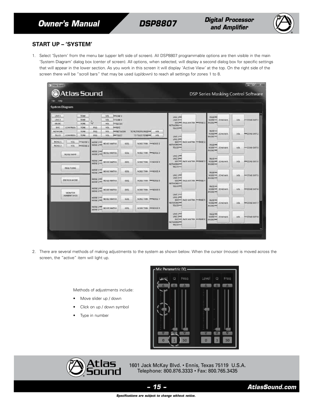 Atlas Sound DSP8807 specifications Start UP ‘SYSTEM’ 