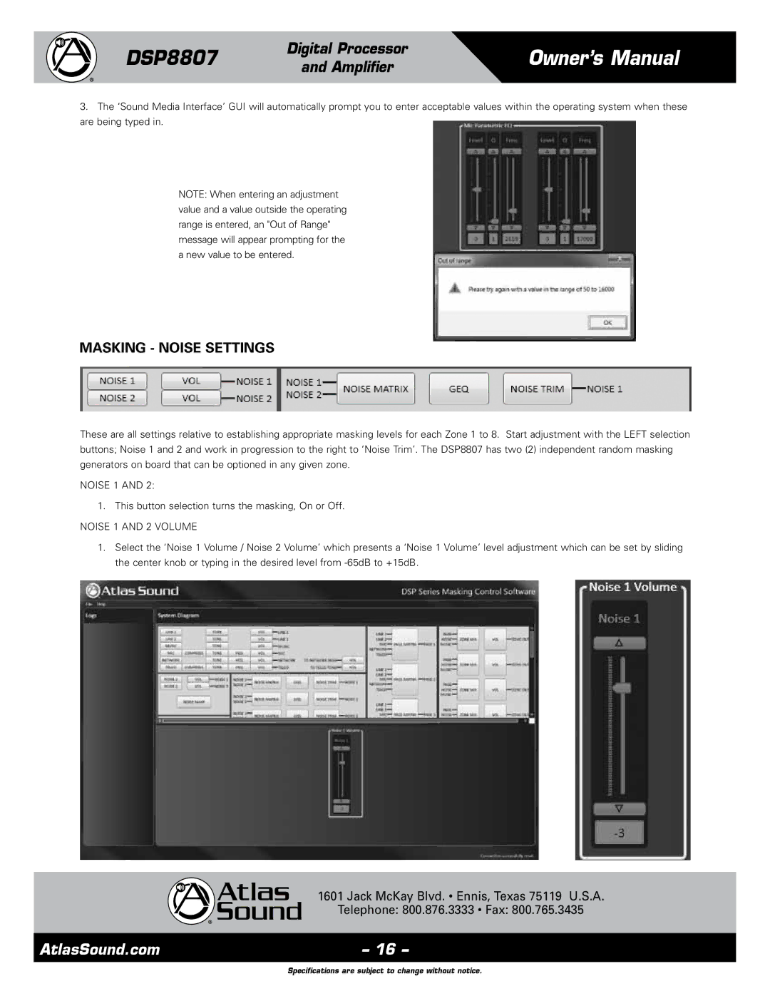 Atlas Sound DSP8807 specifications Masking Noise Settings, Noise 1 and 2 Volume 