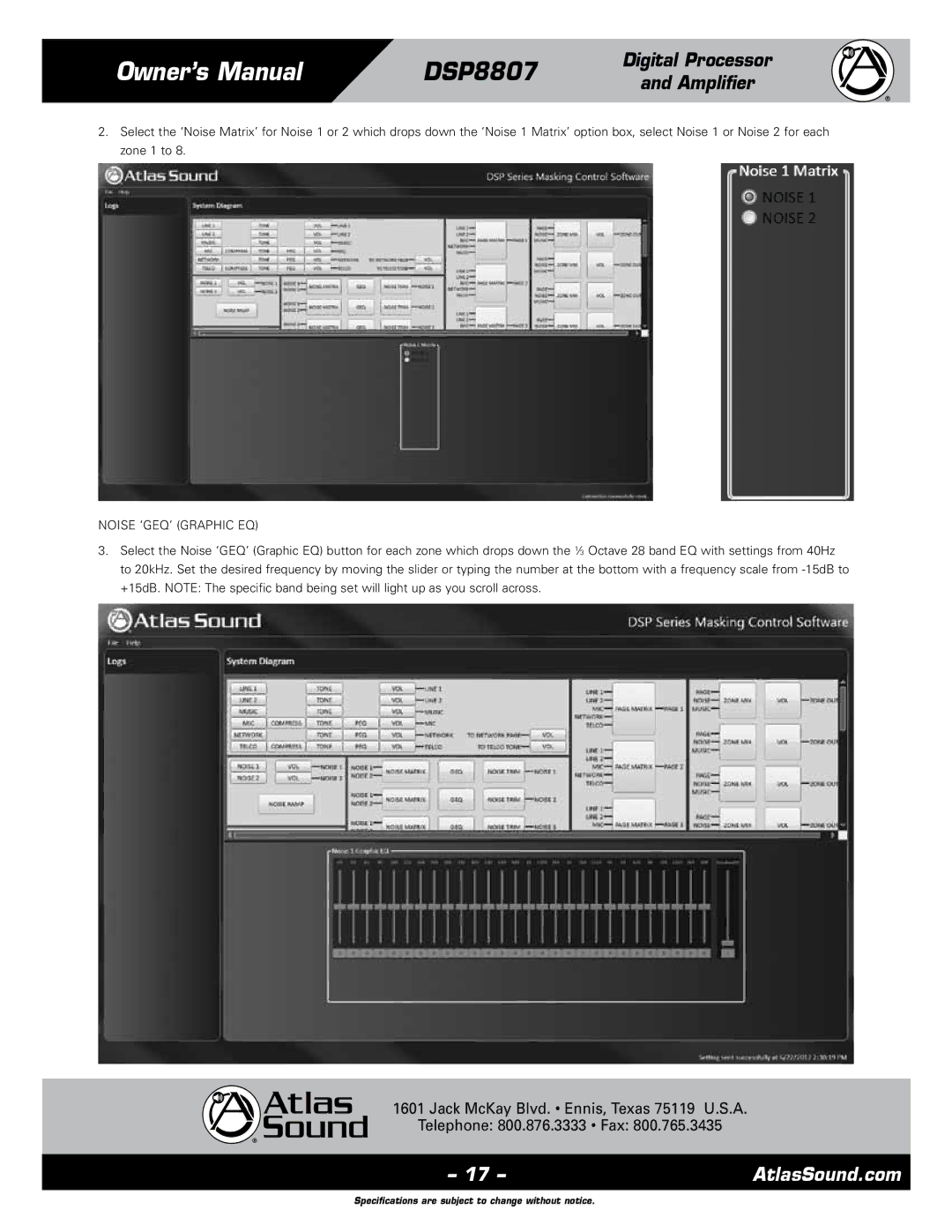 Atlas Sound DSP8807 specifications Noise ‘GEQ’ Graphic EQ 