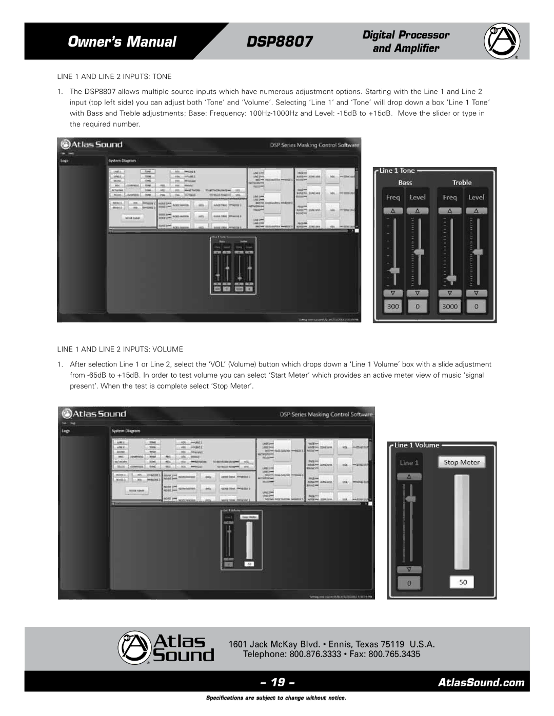 Atlas Sound DSP8807 specifications Line 1 and Line 2 Inputs Tone, Line 1 and Line 2 Inputs Volume 