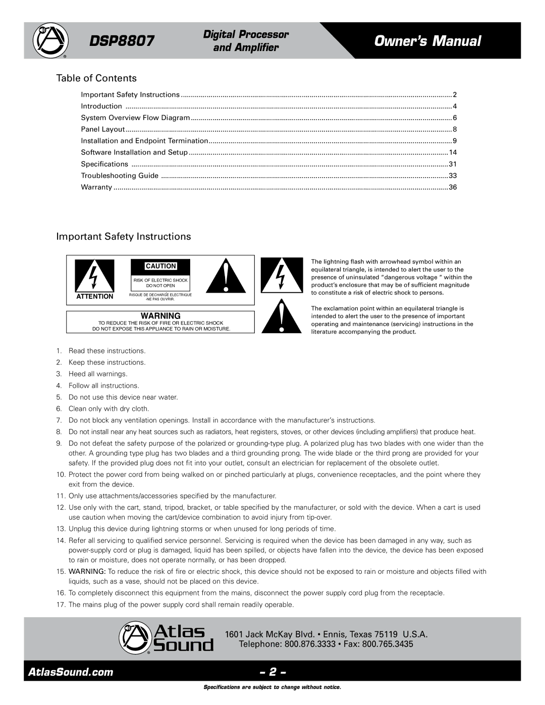 Atlas Sound DSP8807 specifications Digital Processor 