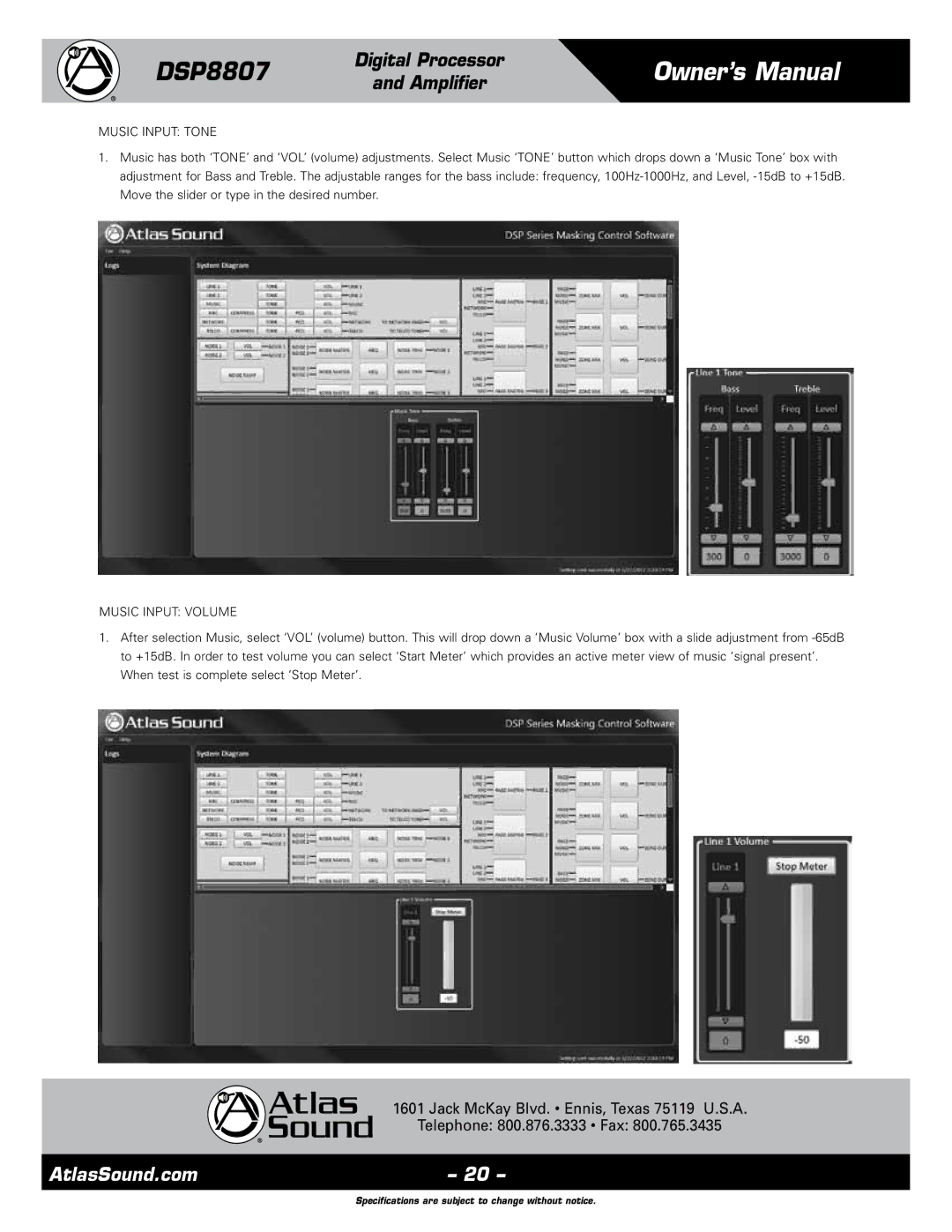 Atlas Sound DSP8807 specifications Music Input Tone, Music Input Volume 