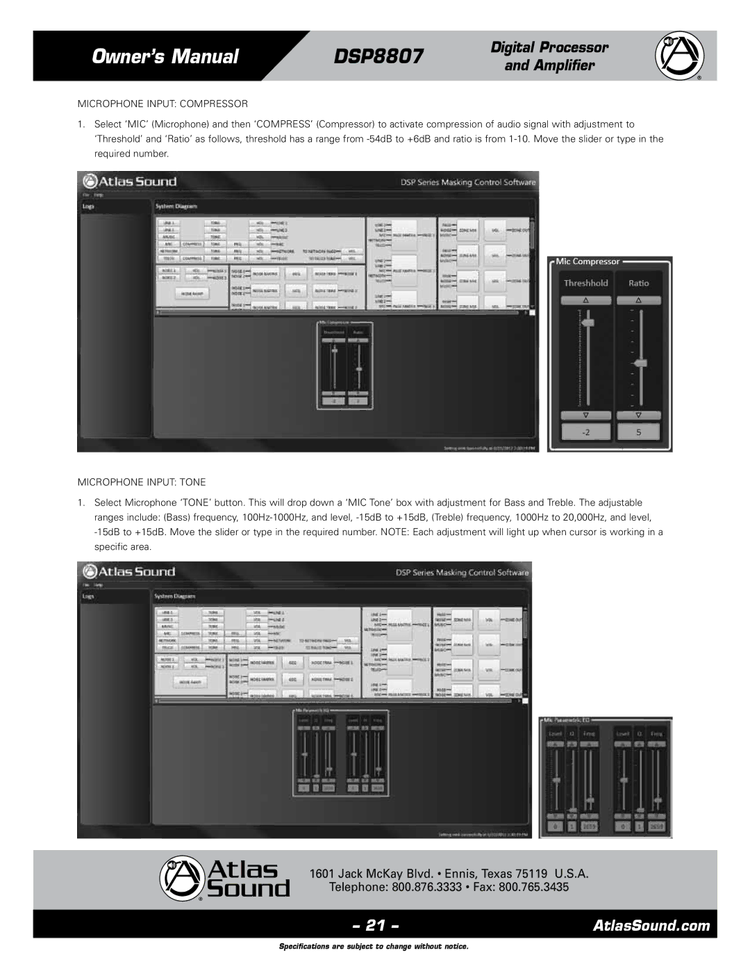 Atlas Sound DSP8807 specifications Microphone Input Compressor, Microphone Input Tone 