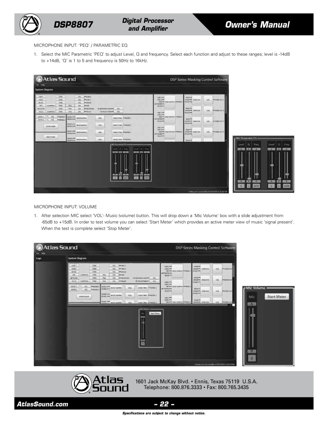 Atlas Sound DSP8807 specifications Microphone Input ‘PEQ’ / Parametric EQ, Microphone Input Volume 