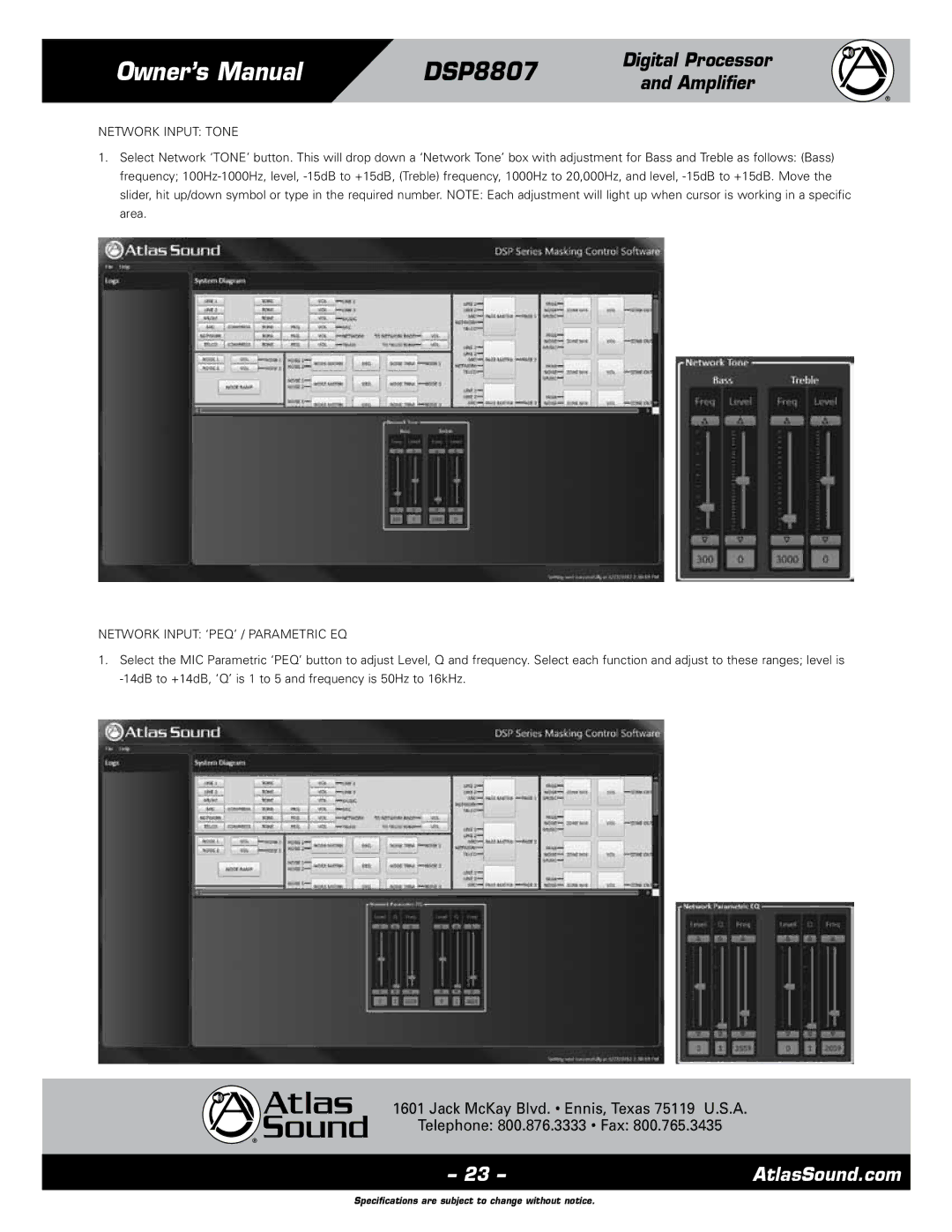 Atlas Sound DSP8807 specifications Network Input Tone, Network Input ‘PEQ’ / Parametric EQ 