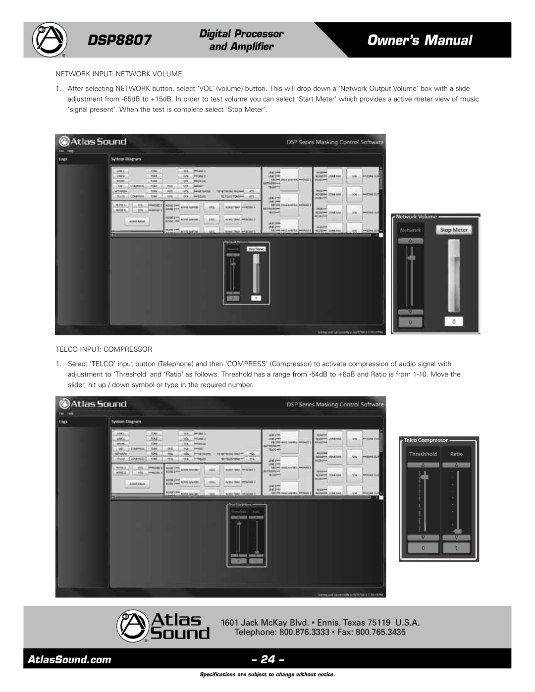 Atlas Sound DSP8807 specifications Network Input Network Volume, Telco Input Compressor 