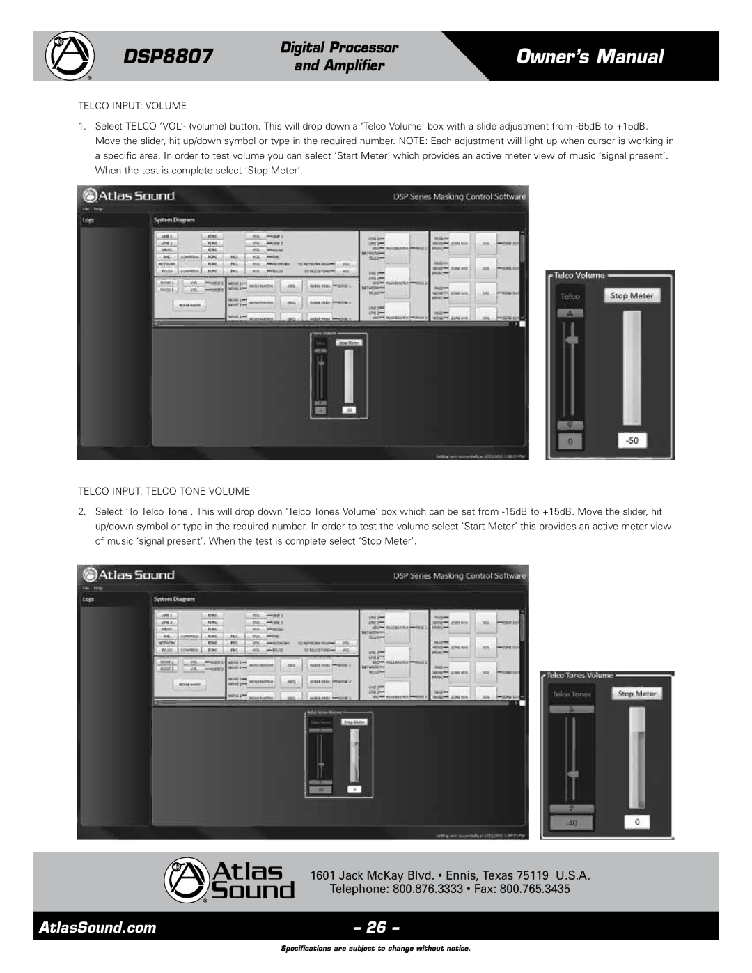 Atlas Sound DSP8807 specifications Telco Input Volume, Telco Input Telco Tone Volume 