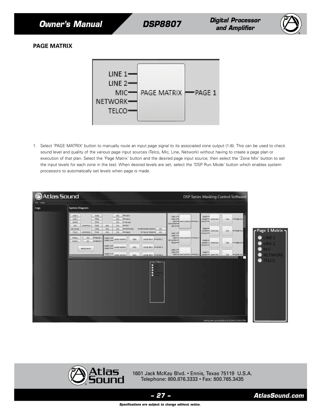 Atlas Sound DSP8807 specifications Matrix 