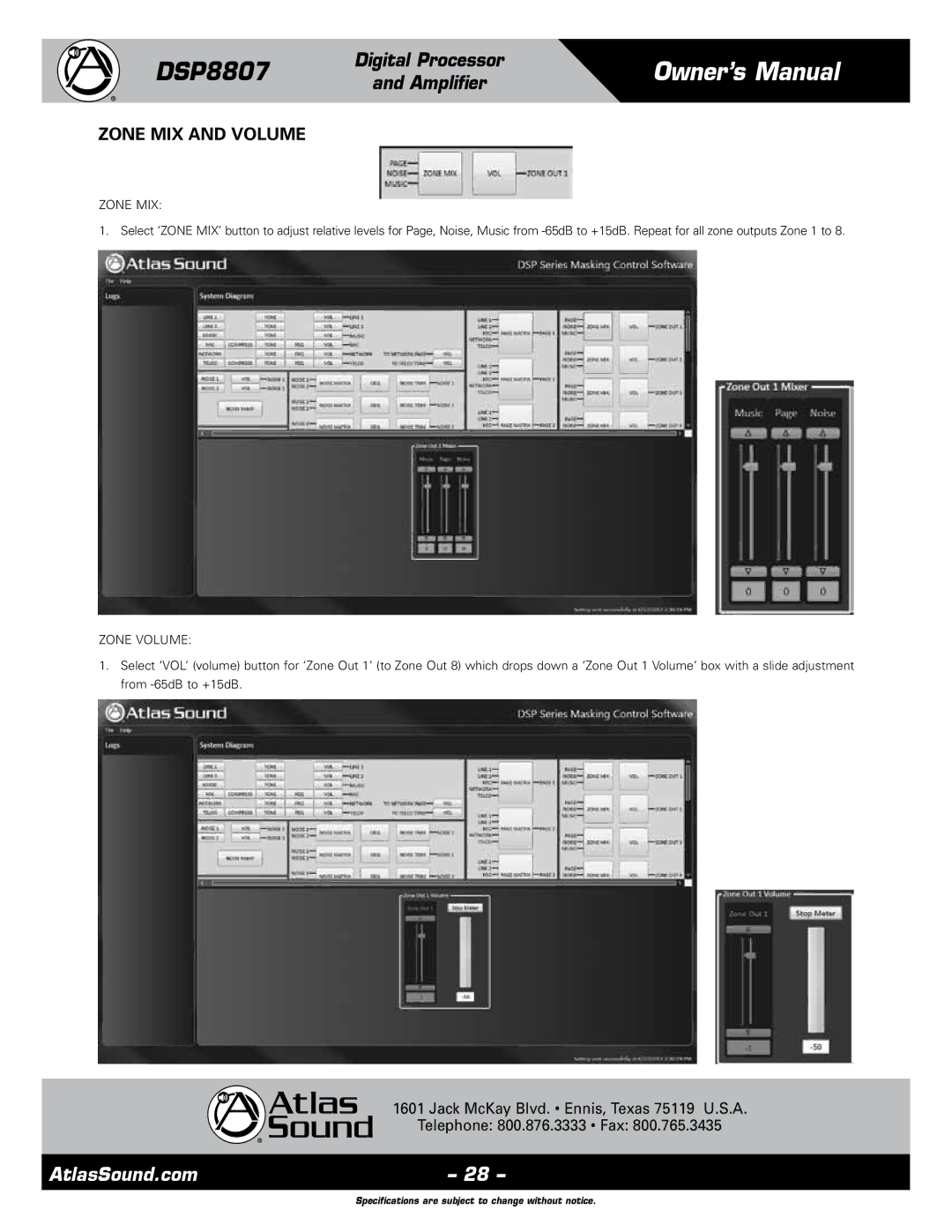 Atlas Sound DSP8807 specifications Zone MIX and Volume, Zone Volume 