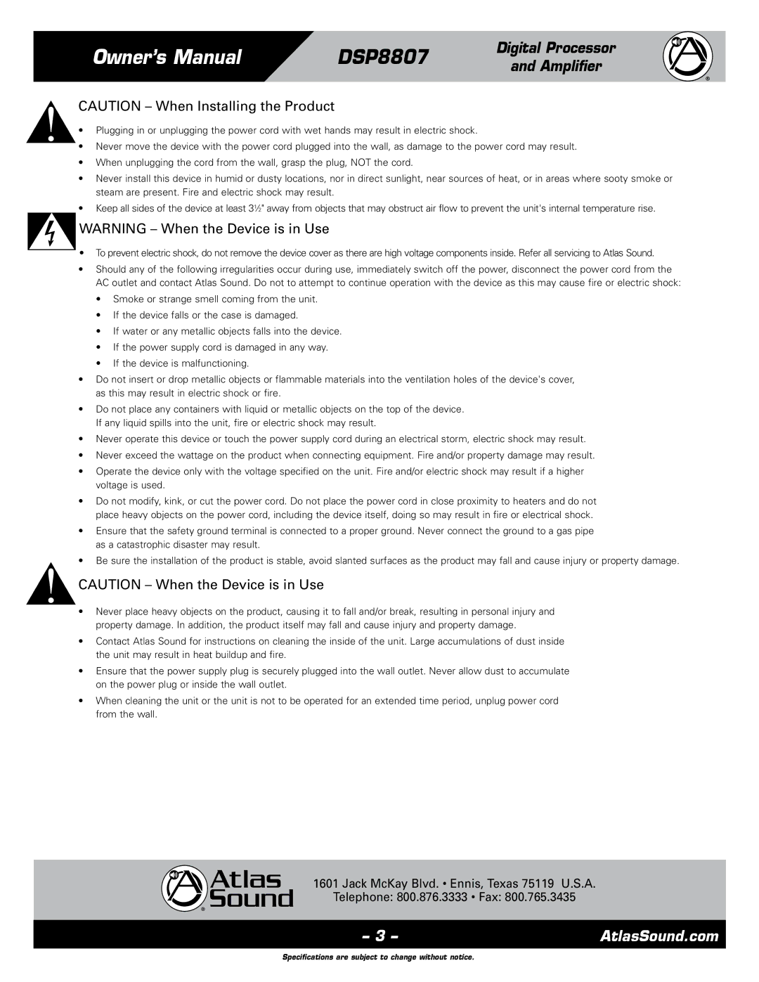 Atlas Sound DSP8807 specifications 