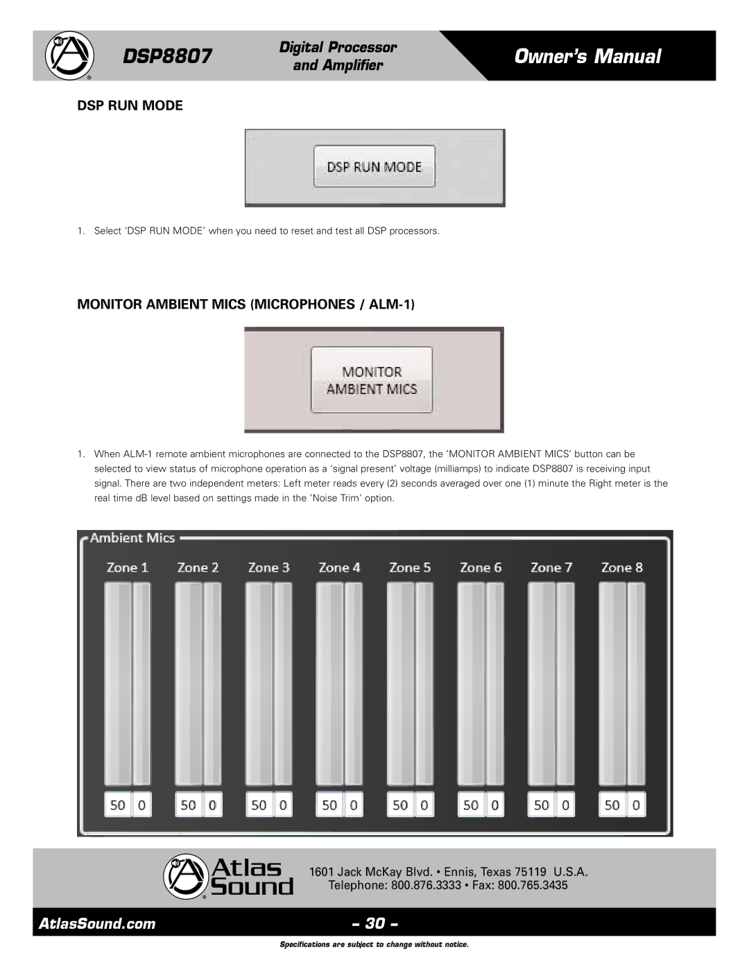 Atlas Sound DSP8807 specifications DSP RUN Mode, Monitor Ambient Mics Microphones / ALM-1 