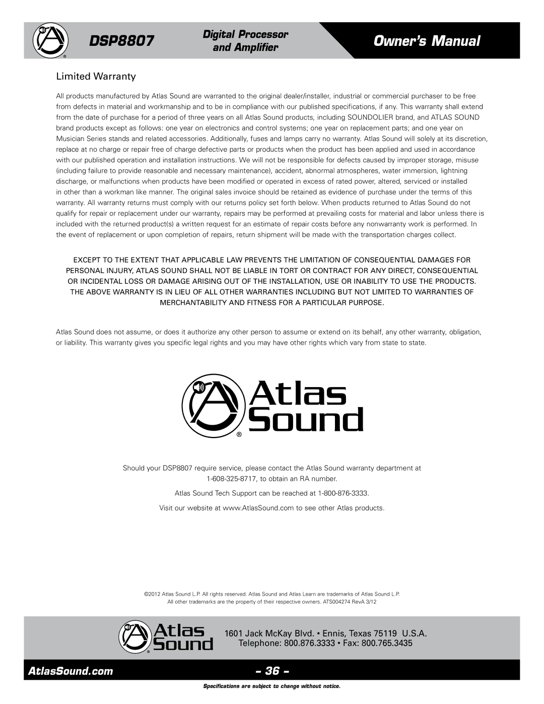 Atlas Sound DSP8807 specifications Limited Warranty 