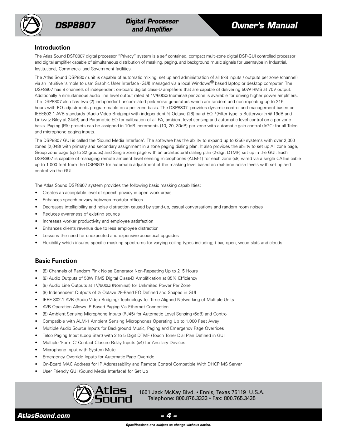 Atlas Sound DSP8807 specifications Introduction 