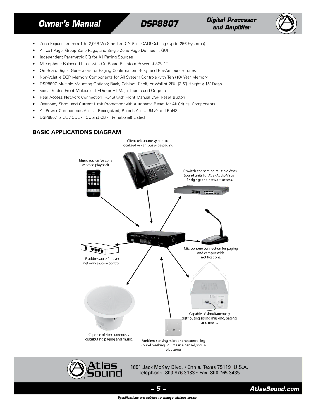 Atlas Sound DSP8807 specifications Basic Applications Diagram 