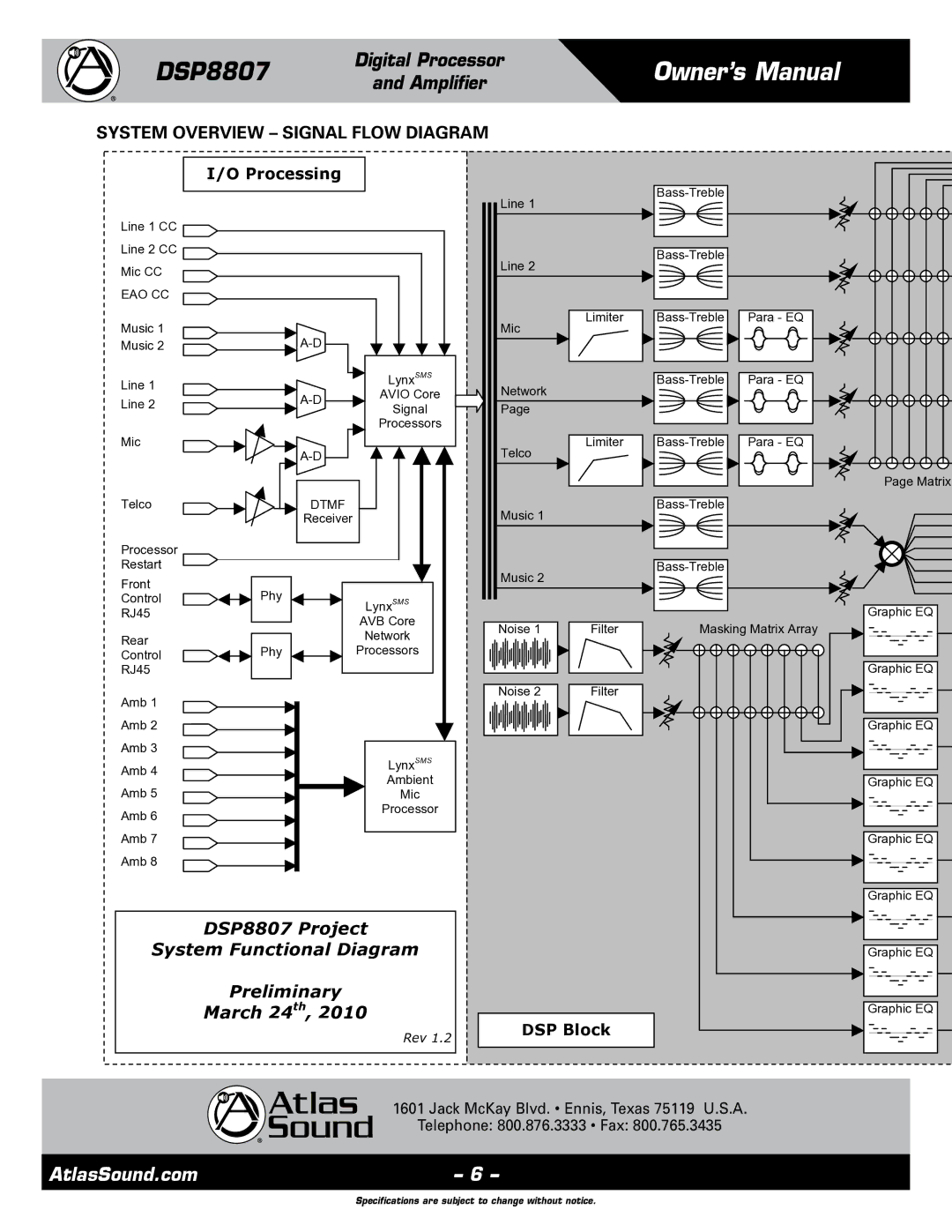 Atlas Sound DSP8807 specifications System Overview Signal Flow Diagram, Eao Cc, Dtmf 