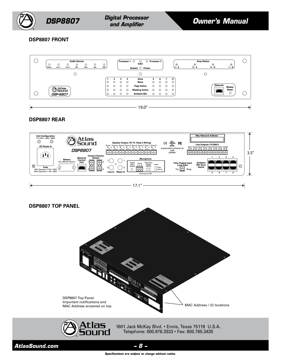 Atlas Sound specifications DSP8807 Rear, DSP8807 TOP Panel 