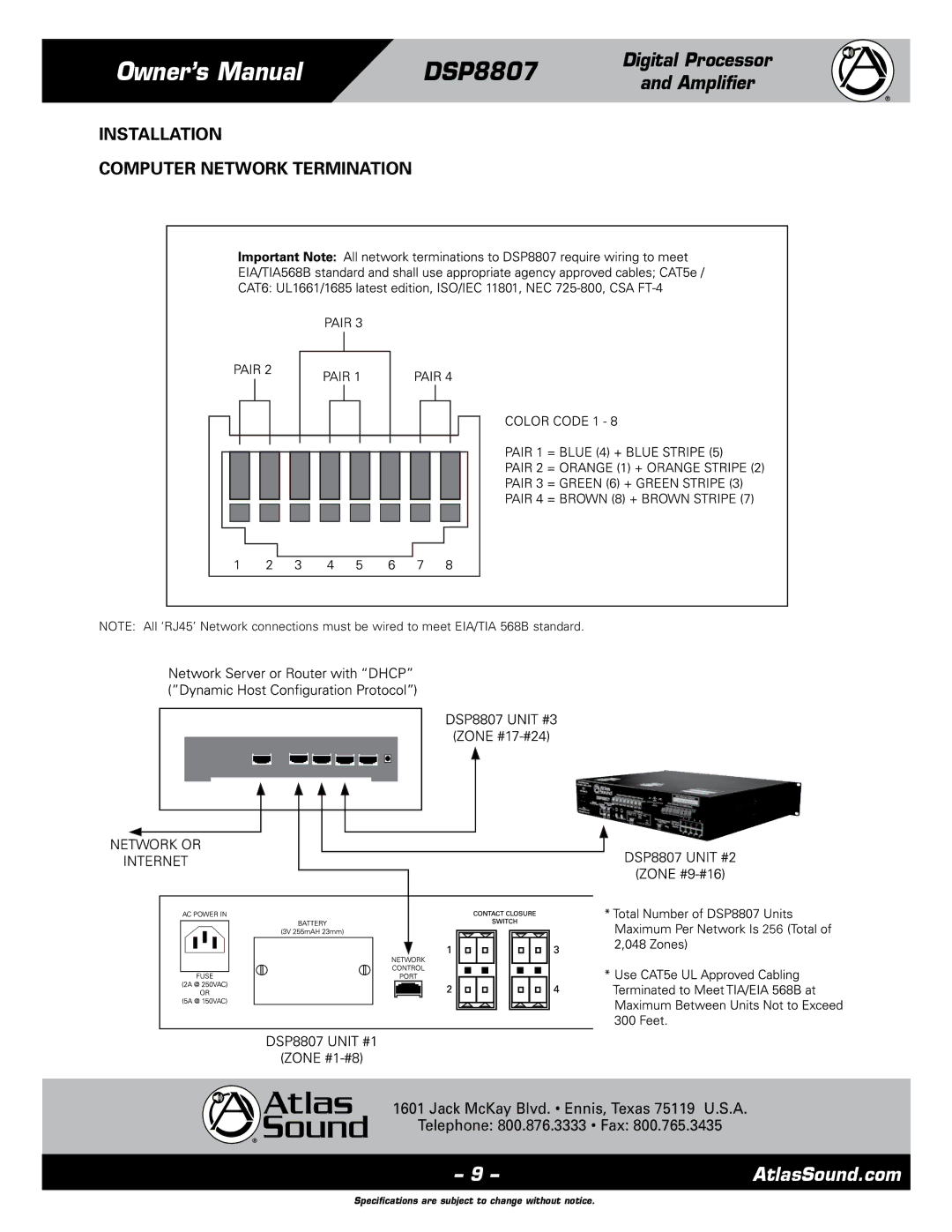 Atlas Sound DSP8807 specifications Installation Computer Network Termination 