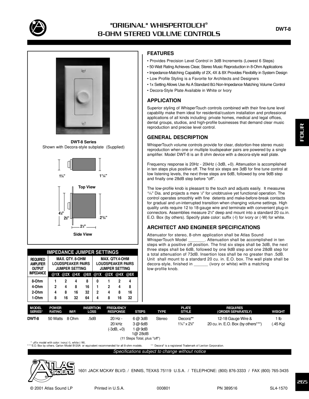 Atlas Sound DWT-8 specifications Features, Application, General Description, Architect and Engineer Specifications 