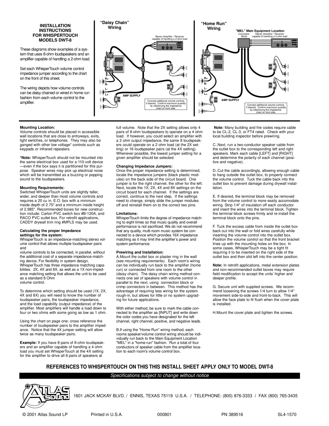 Atlas Sound DWT-8 Mounting Location, Mounting Requirements, Calculating the proper Impedance settings for the system 