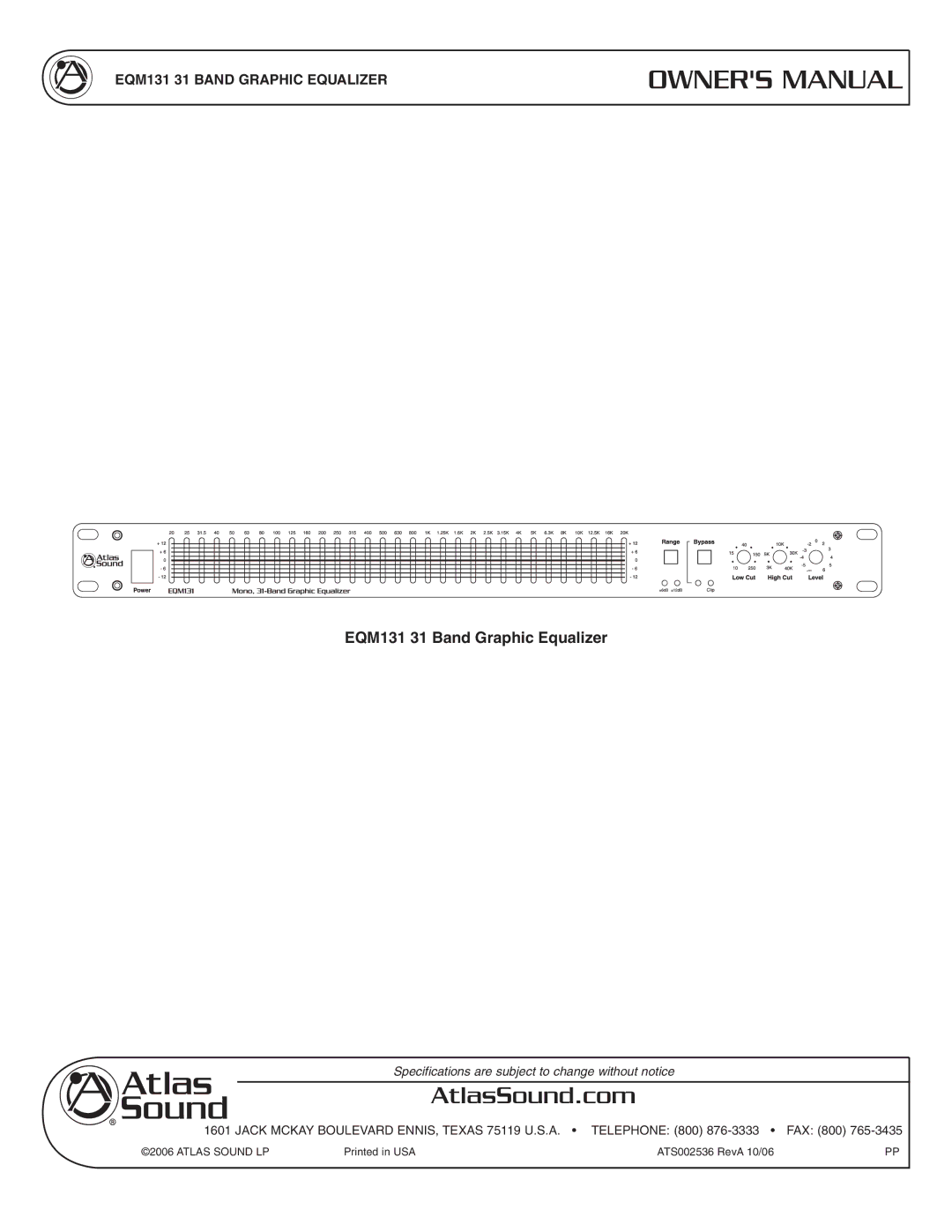 Atlas Sound EQM131 specifications AtlasSound.com 