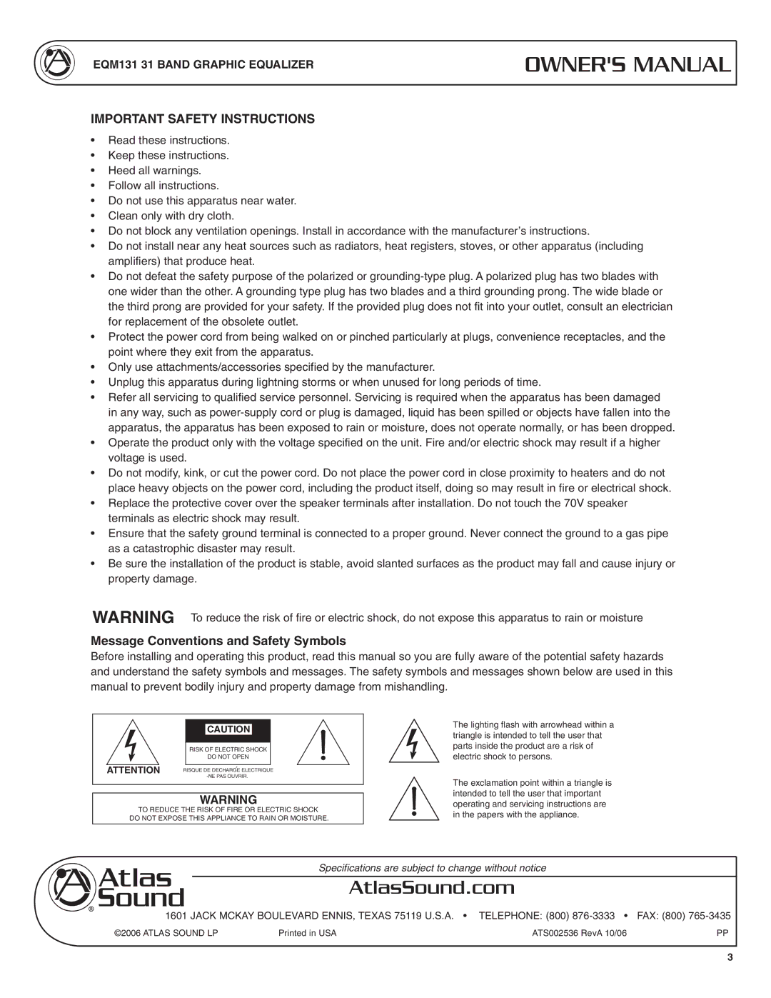 Atlas Sound EQM131 specifications Important Safety Instructions, Message Conventions and Safety Symbols 