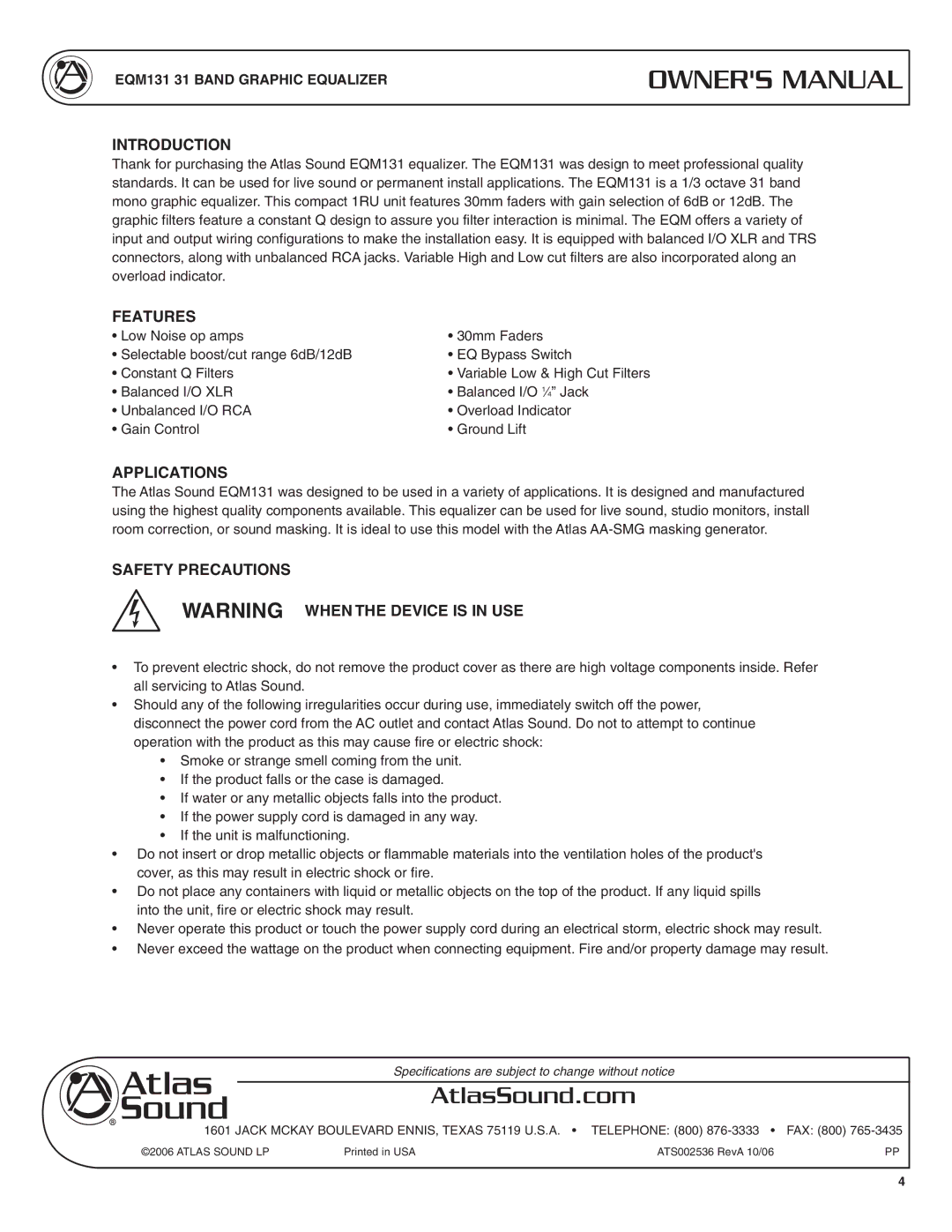 Atlas Sound EQM131 specifications Introduction, Features, Applications, Safety Precautions 