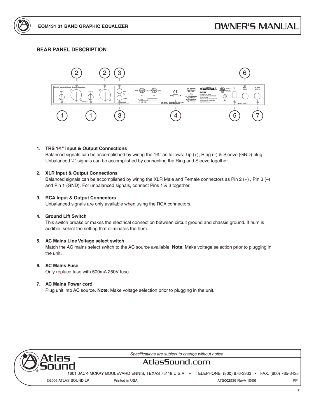 Atlas Sound EQM131 specifications Rear Panel Description 