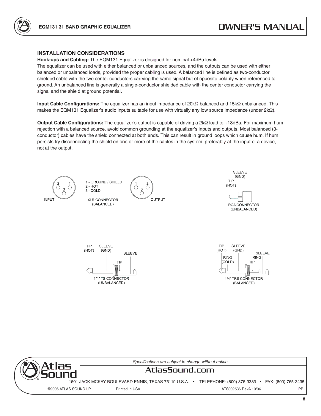 Atlas Sound EQM131 specifications Installation Considerations 