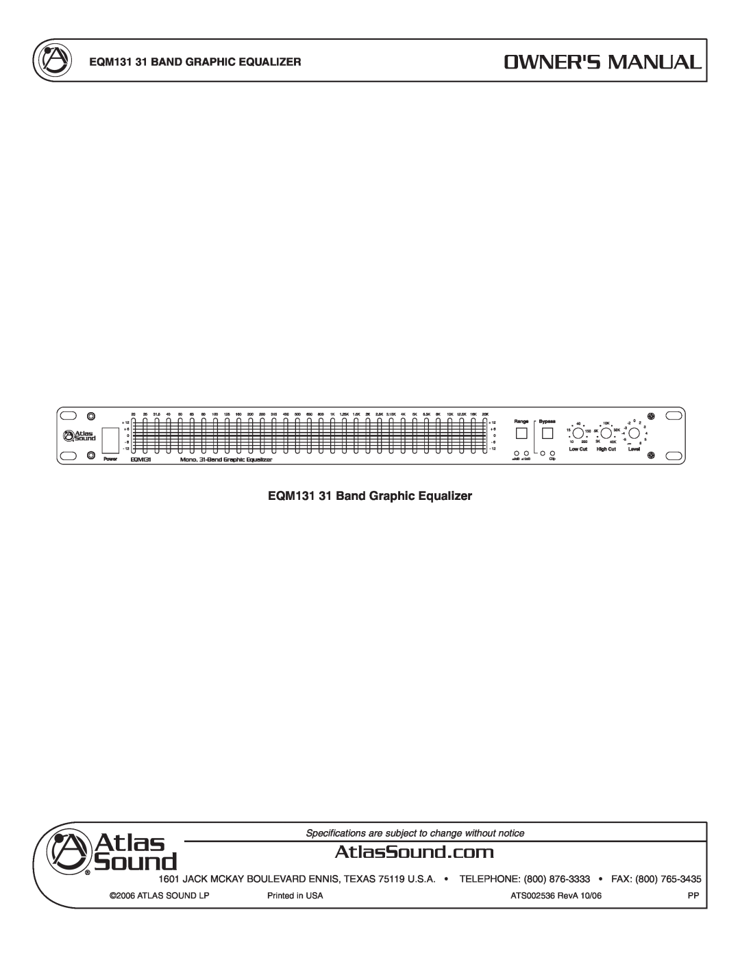 Atlas Sound specifications EQM131 31 Band Graphic Equalizer, EQM131 31 BAND GRAPHIC EQUALIZER 