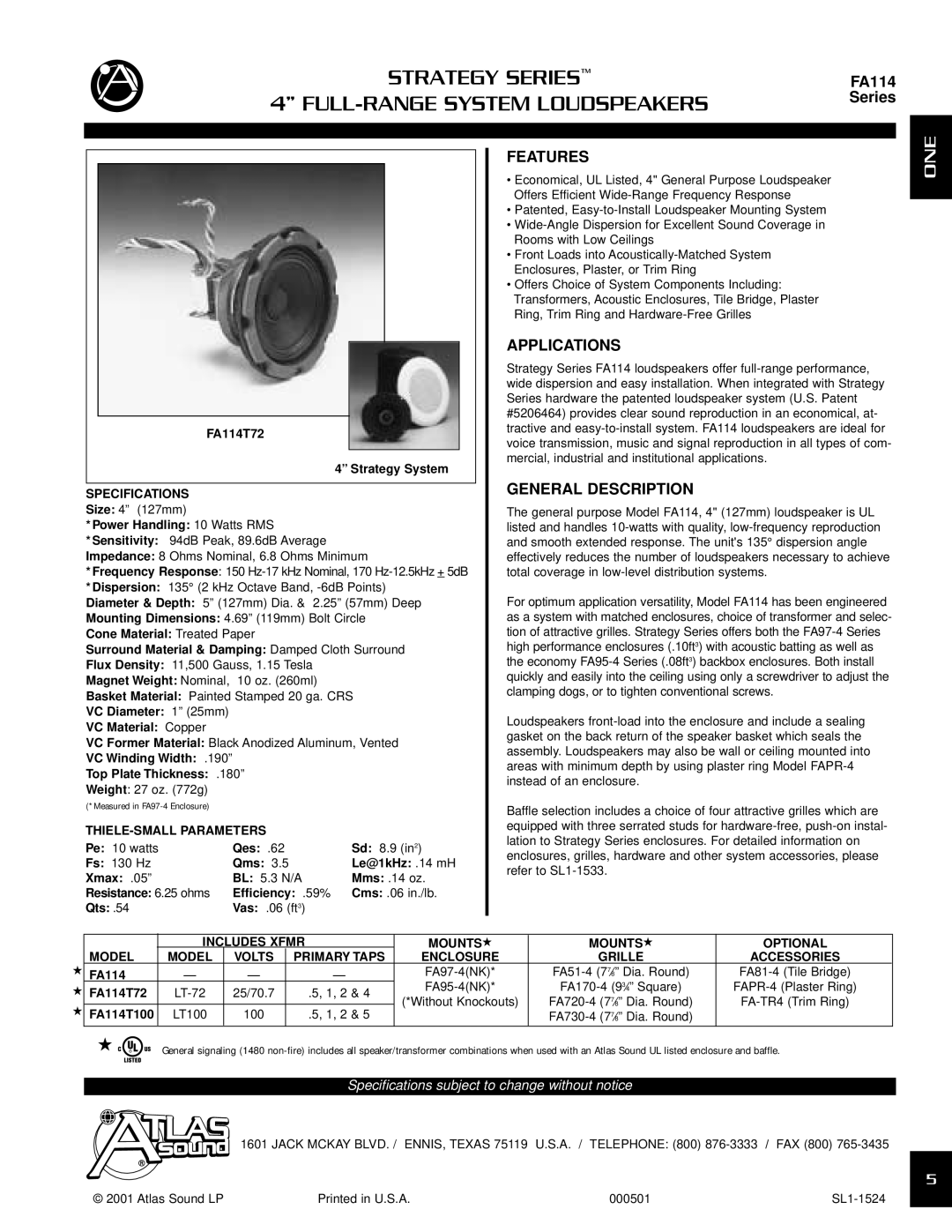 Atlas Sound FA114 specifications Features, Applications, General Description 