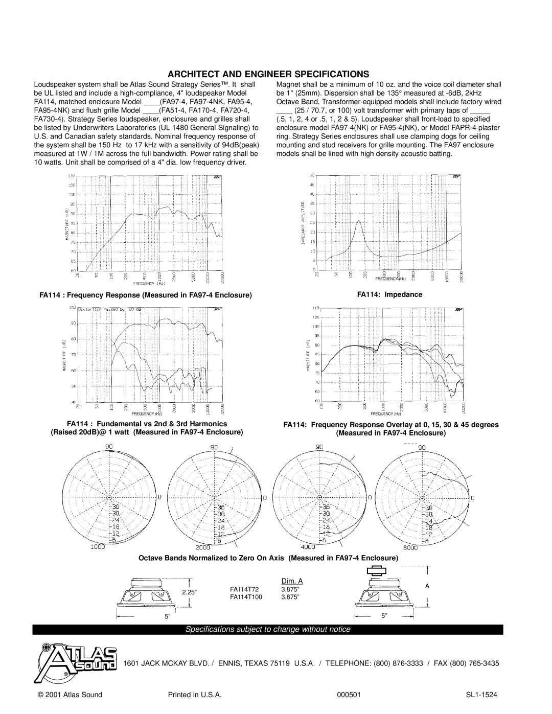 Atlas Sound FA114 Architect and Engineer Specifications, FA95-4NK and flush grille Model FA51-4, FA170-4, FA720-4, Dim. a 